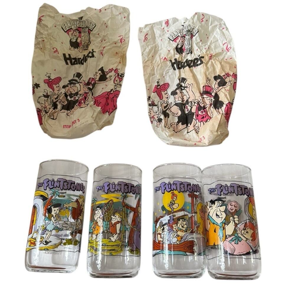VTG 1991 The Flintstones Hardees Glasses + 2 Original Bags 30 Years Complete Set